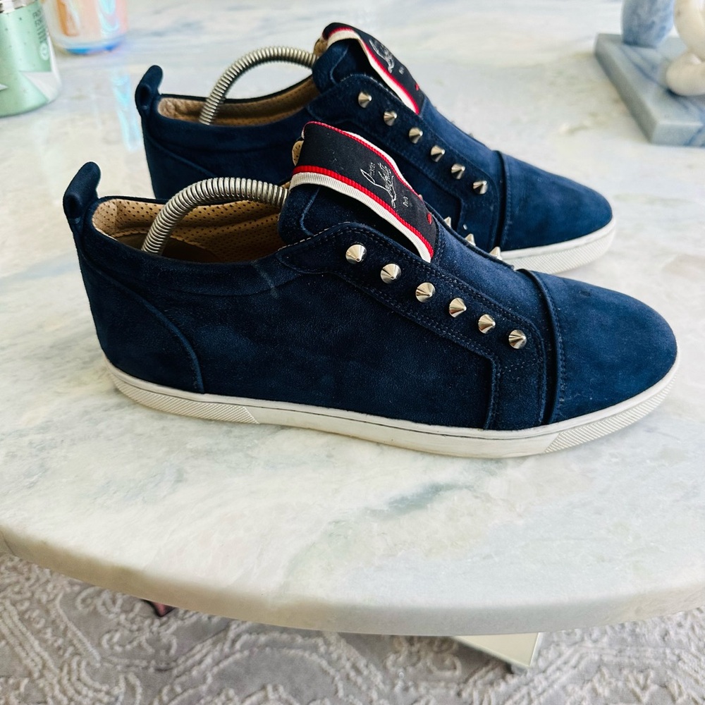 Christian Louboutin F.A.V Fique A Vontage Suede Dark Blue Studded Sneakers - Picture 5 of 6